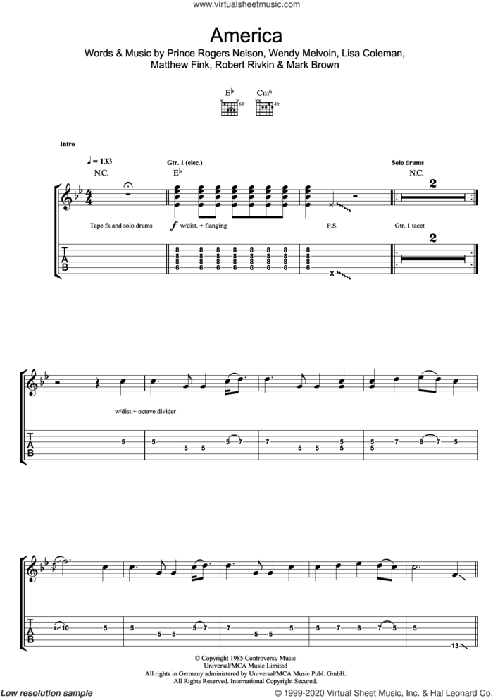 America sheet music for guitar (tablature) by Prince & The Revolution, Lisa Coleman, Mark Brown, Matthew Fink, Prince Rogers Nelson, Robert Rivkin and Wendy Melvoin, intermediate skill level