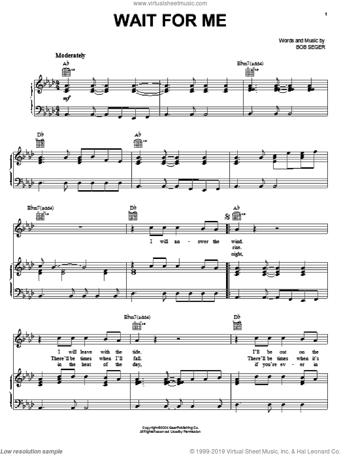 Wait For Me sheet music for voice, piano or guitar by Bob Seger, intermediate skill level