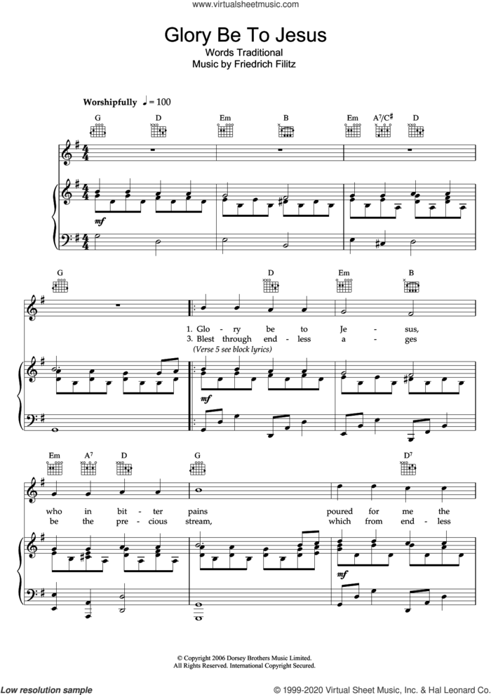 Glory Be To Jesus sheet music for voice, piano or guitar  and Friedrich Filitz, intermediate skill level