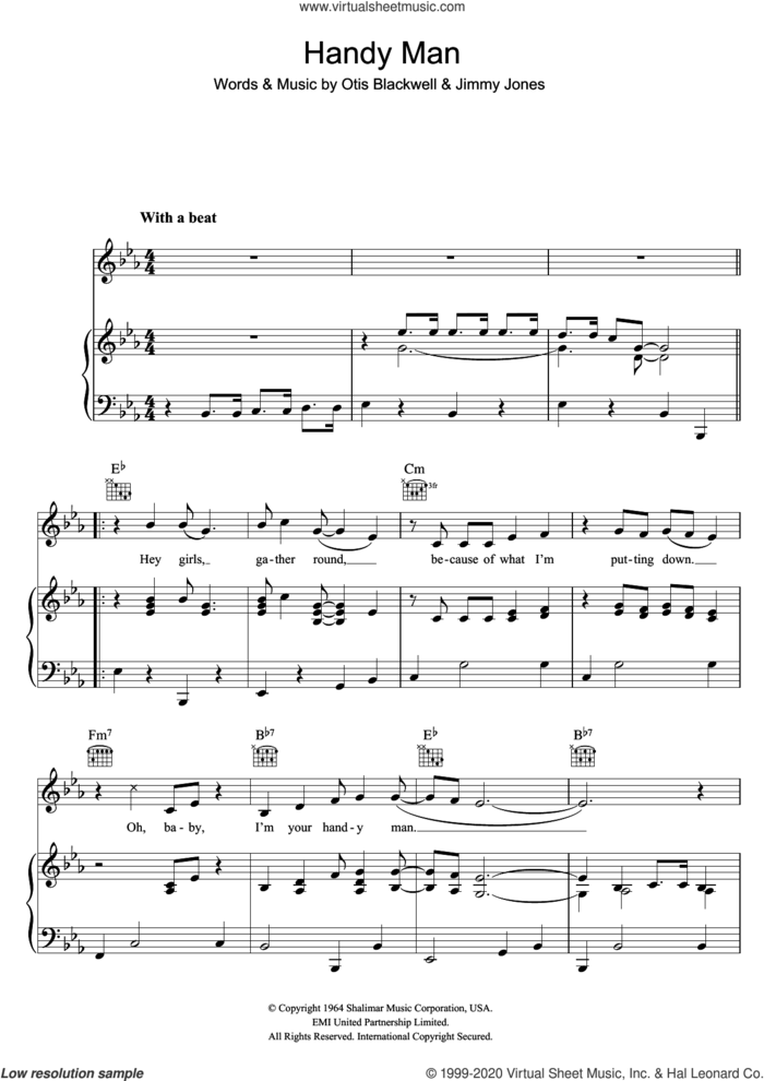 Handy Man sheet music for voice, piano or guitar by Jimmy Jones and Otis Blackwell, intermediate skill level