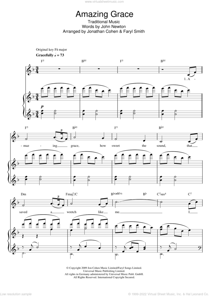 Amazing Grace sheet music for voice and piano by Faryl Smith, John Newton and Miscellaneous, classical score, intermediate skill level