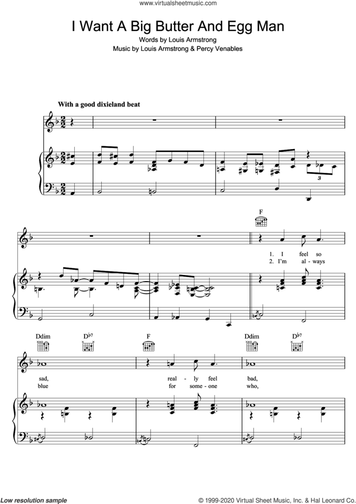 I Want A Big Butter And Egg Man sheet music for voice, piano or guitar by Louis Armstrong and Percy Venables, intermediate skill level