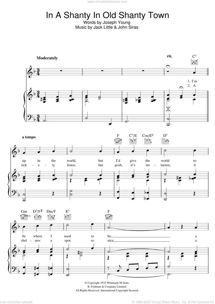 In A Shanty In An Old Shanty Town sheet music for voice, piano or guitar by Doris Day, Jack Little, John Siras and Joseph Young, intermediate skill level