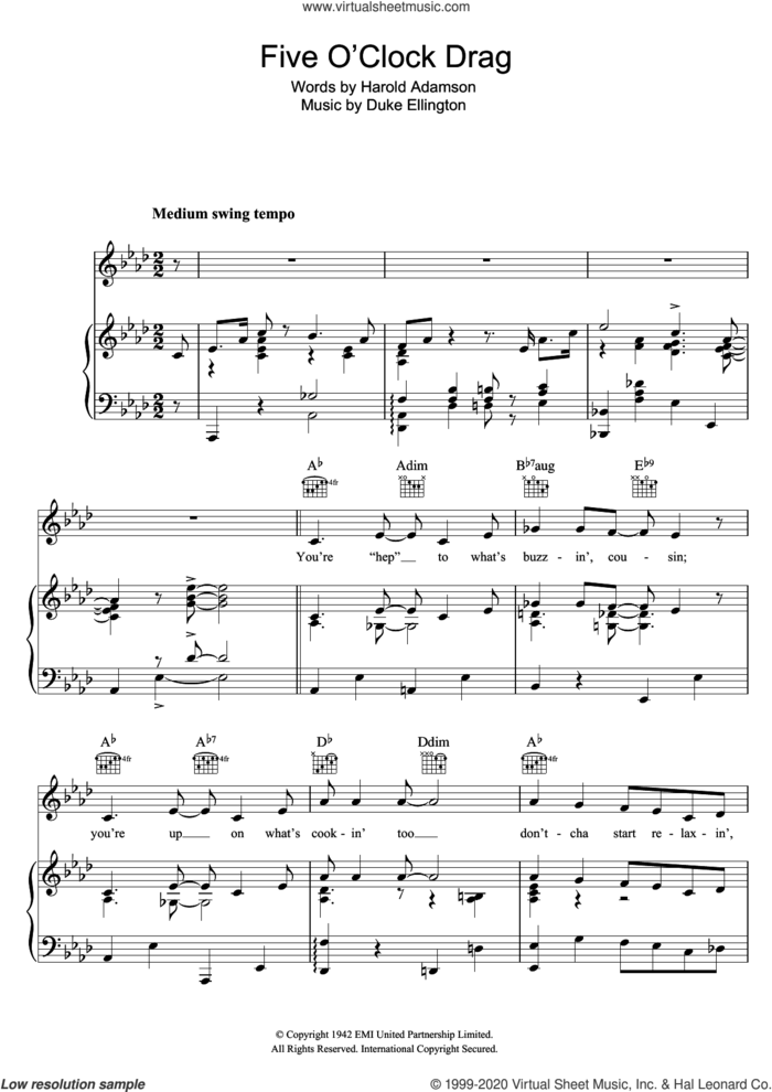 Five O'Clock Drag sheet music for voice, piano or guitar by Duke Ellington and Harold Adamson, intermediate skill level