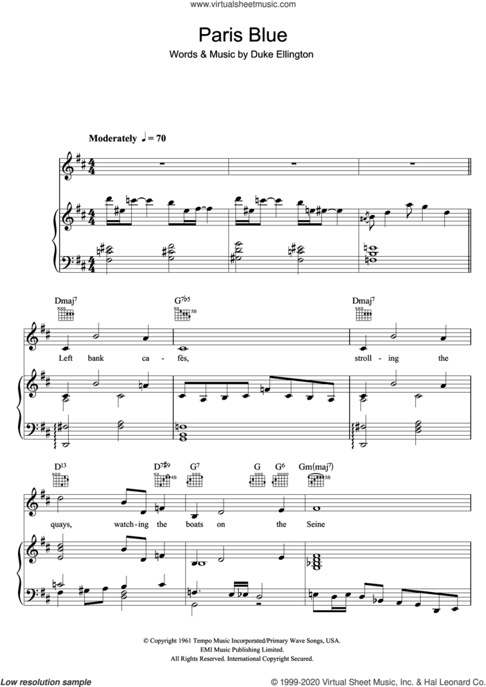 Paris Blues sheet music for voice, piano or guitar by Duke Ellington, intermediate skill level