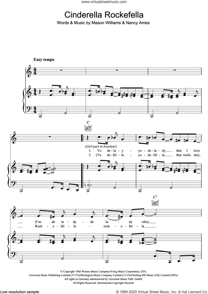 Cinderella Rockefella sheet music for voice, piano or guitar by Esther & Abi Ofarim, Mason Williams and Nancy Ames, intermediate skill level