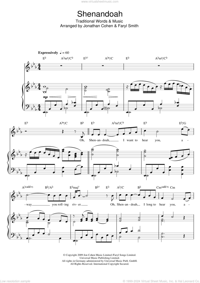 Shenandoah sheet music for voice and piano by Faryl Smith and Miscellaneous, intermediate skill level