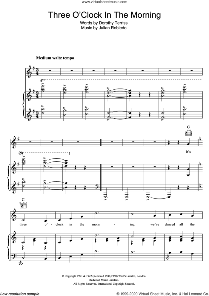 Three O'Clock In The Morning sheet music for voice, piano or guitar by John McCormack, Dorothy Terriss and Julian Robledo, intermediate skill level