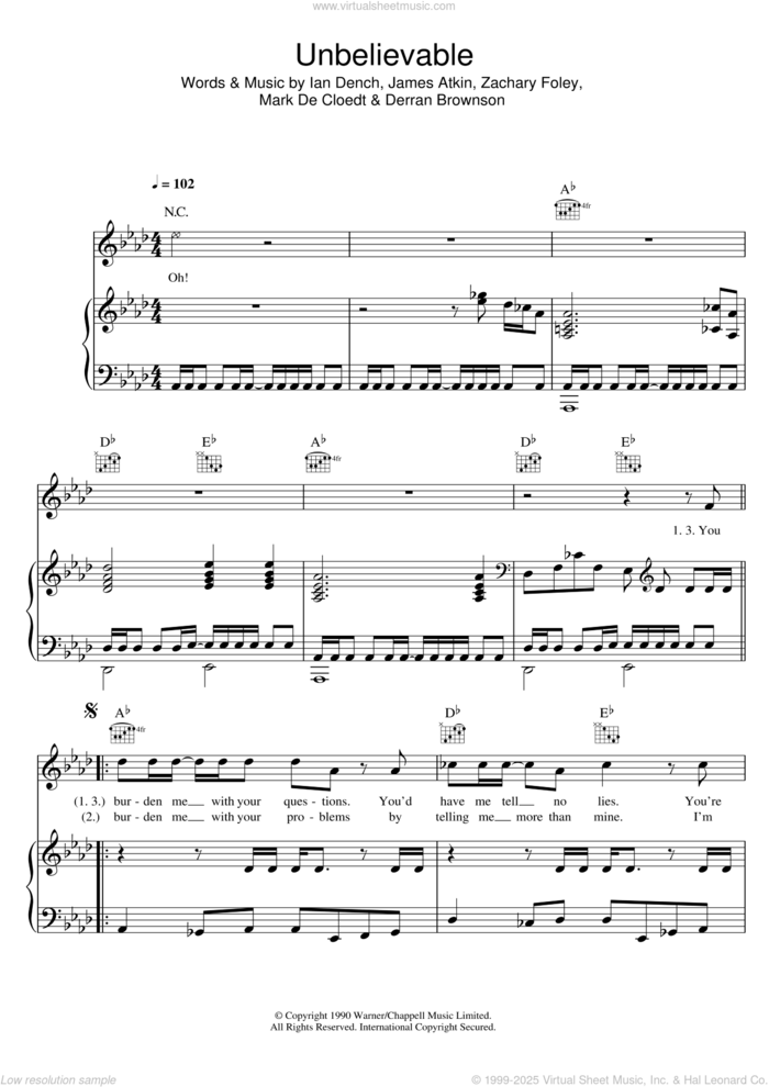 Unbelievable sheet music for voice, piano or guitar by EMF, Derran Brownson, Ian Dench, James Atkin, Mark De Cloedt and Zachary Foley, intermediate skill level