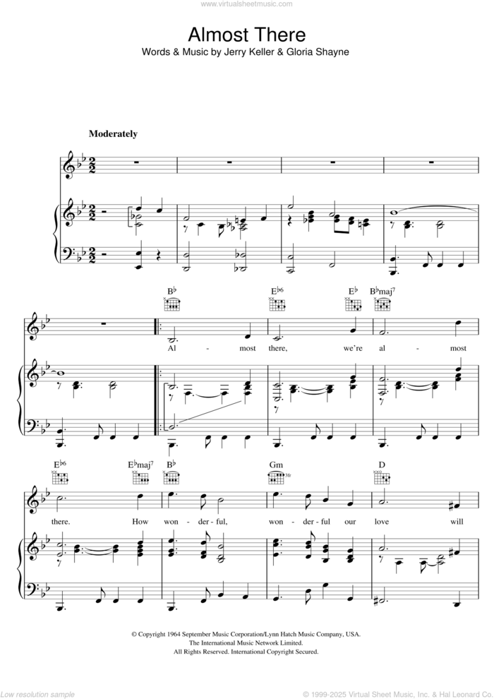 Almost There sheet music for voice, piano or guitar by Andy Williams, Gloria Shayne and Jerry Keller, intermediate skill level