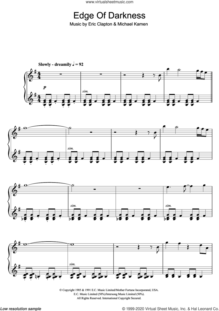 Edge Of Darkness sheet music for piano solo by Eric Clapton and Michael Kamen, intermediate skill level