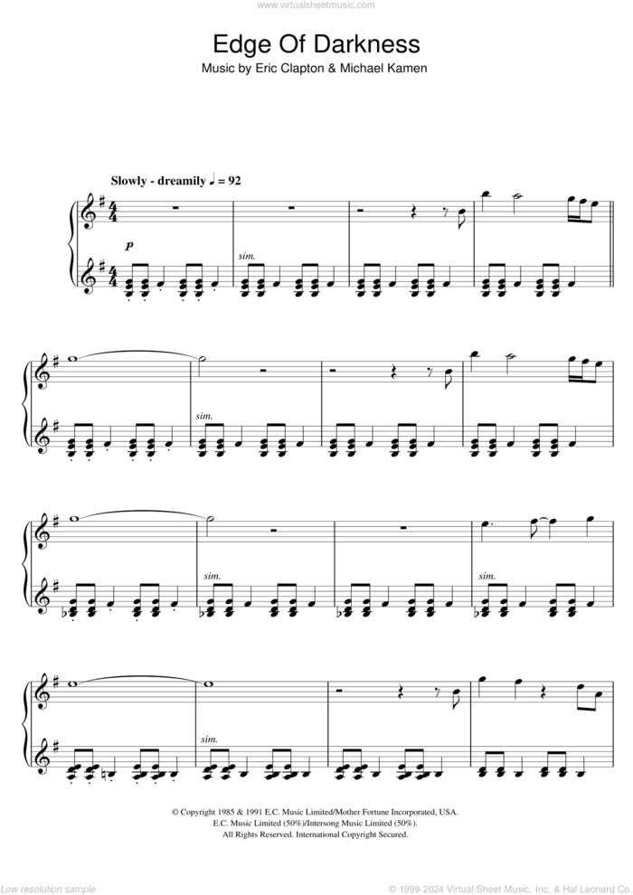 Edge Of Darkness sheet music for piano solo by Eric Clapton and Michael Kamen, intermediate skill level