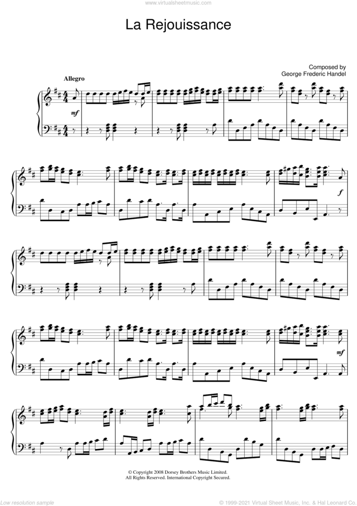 La Rejouissance (from Music For The Royal Fireworks) sheet music for piano solo by George Frideric Handel, classical score, intermediate skill level