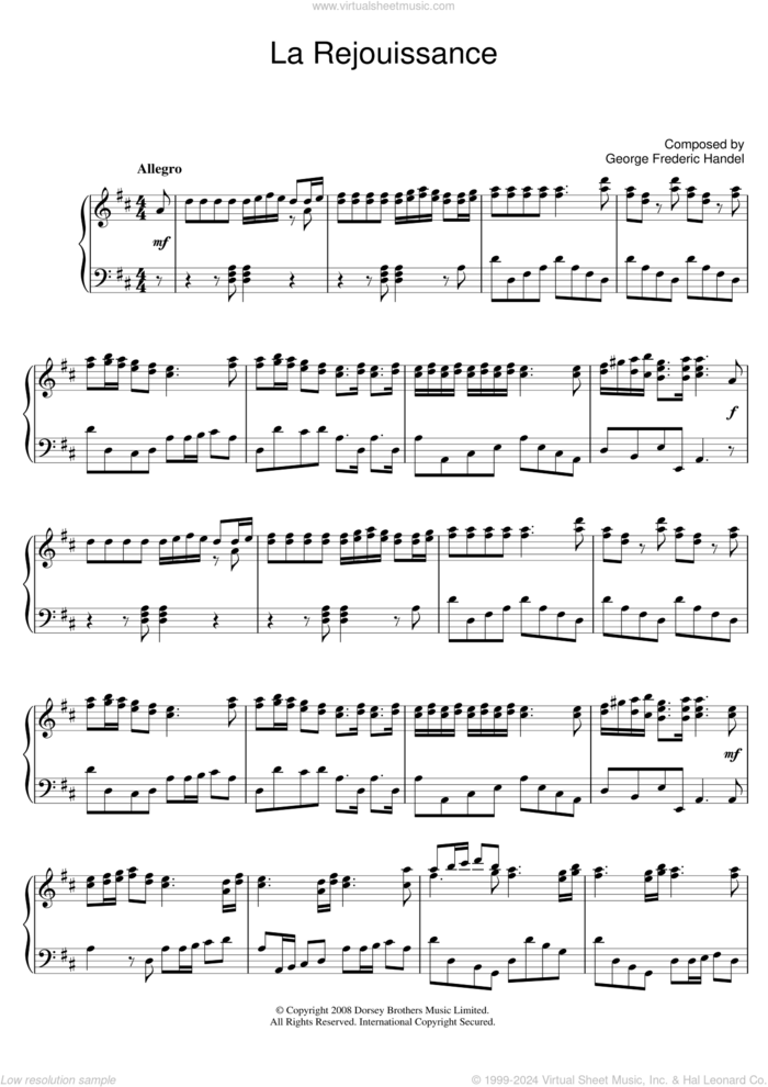 La Rejouissance (from Music For The Royal Fireworks) sheet music for piano solo by George Frideric Handel, classical wedding score, intermediate skill level