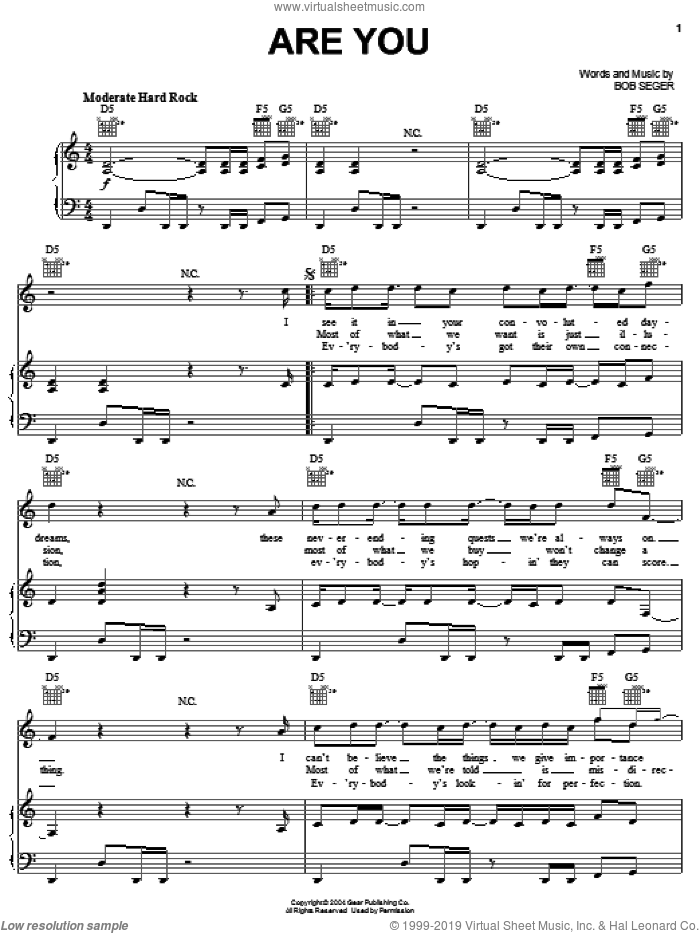 Are You sheet music for voice, piano or guitar by Bob Seger, intermediate skill level