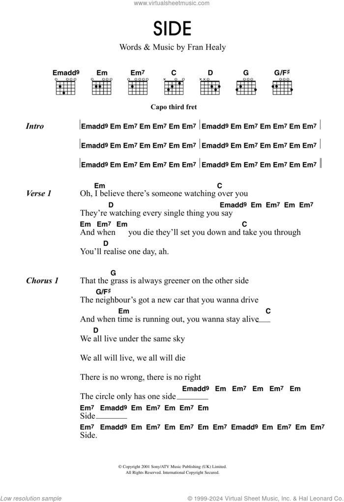 Side sheet music for guitar (chords) by Merle Travis and Fran Healy, intermediate skill level