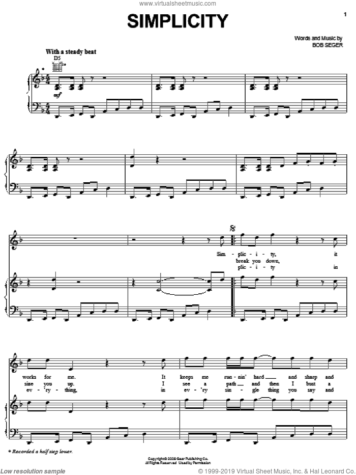 Simplicity sheet music for voice, piano or guitar by Bob Seger, intermediate skill level