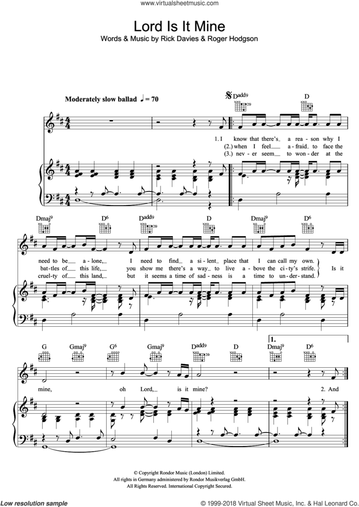 Lord Is It Mine sheet music for voice, piano or guitar by Supertramp, Rick Davies and Roger Hodgson, intermediate skill level