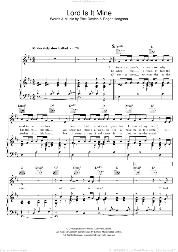 Lord Is It Mine sheet music for voice, piano or guitar by Supertramp, Rick Davies and Roger Hodgson, intermediate skill level