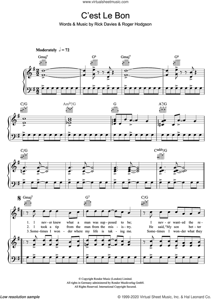 C'est Le Bon sheet music for voice, piano or guitar by Supertramp, Rick Davies and Roger Hodgson, intermediate skill level