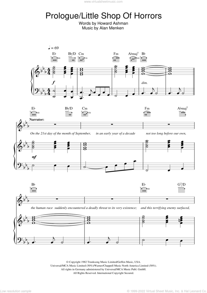 Prologue (from Little Shop Of Horrors) sheet music for voice, piano or guitar by Howard Ashman and Alan Menken, intermediate skill level