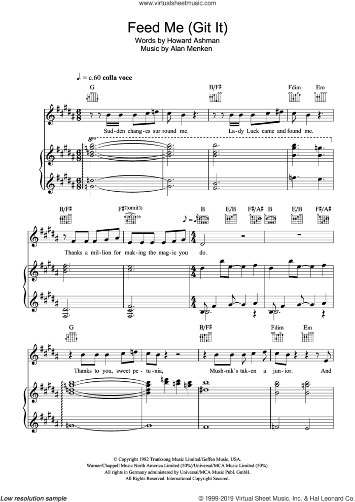 Feed Me (from Little Shop of Horrors) sheet music for voice, piano or guitar by Howard Ashman and Alan Menken, intermediate skill level