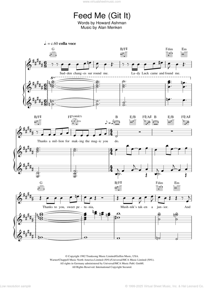 Feed Me (from Little Shop of Horrors) sheet music for voice, piano or guitar by Howard Ashman and Alan Menken, intermediate skill level