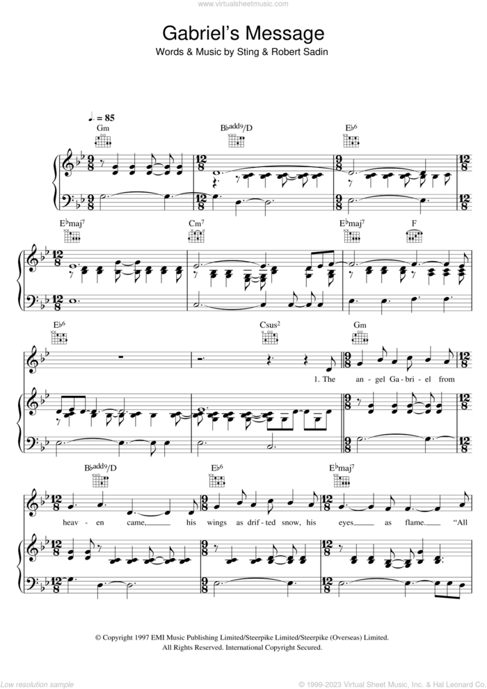 Gabriel's Message sheet music for voice, piano or guitar by Sting and Robert Sadin, intermediate skill level