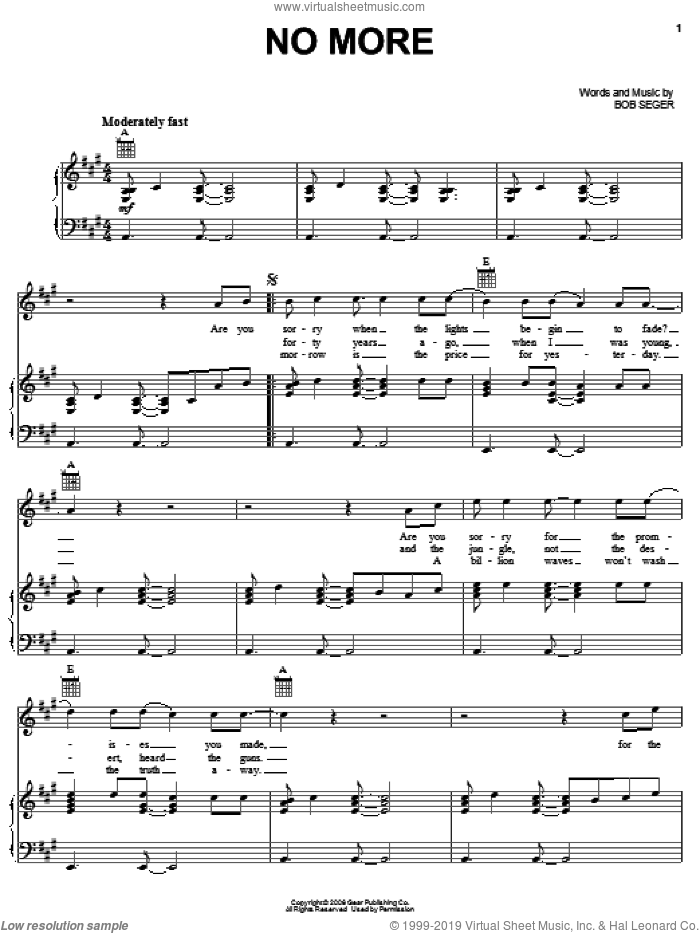 No More sheet music for voice, piano or guitar by Bob Seger, intermediate skill level