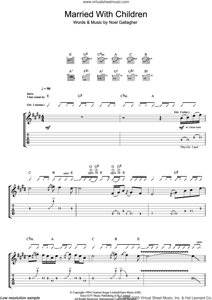 Married With Children sheet music for guitar (tablature) by Oasis and Noel Gallagher, intermediate skill level