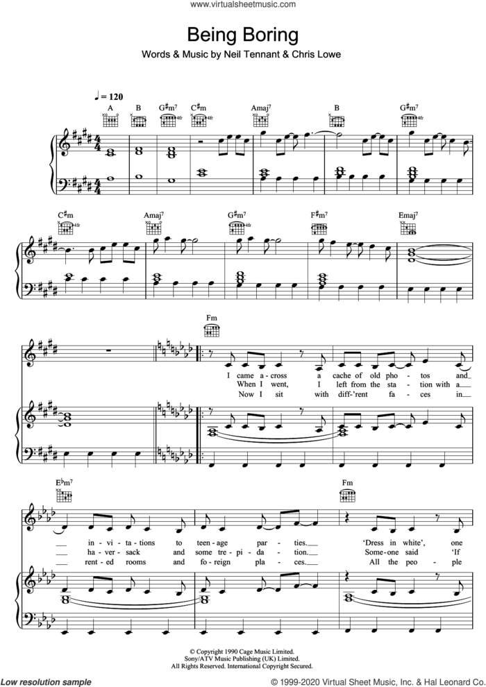 Being Boring sheet music for voice, piano or guitar by Pet Shop Boys, Chris Lowe and Neil Tennant, intermediate skill level