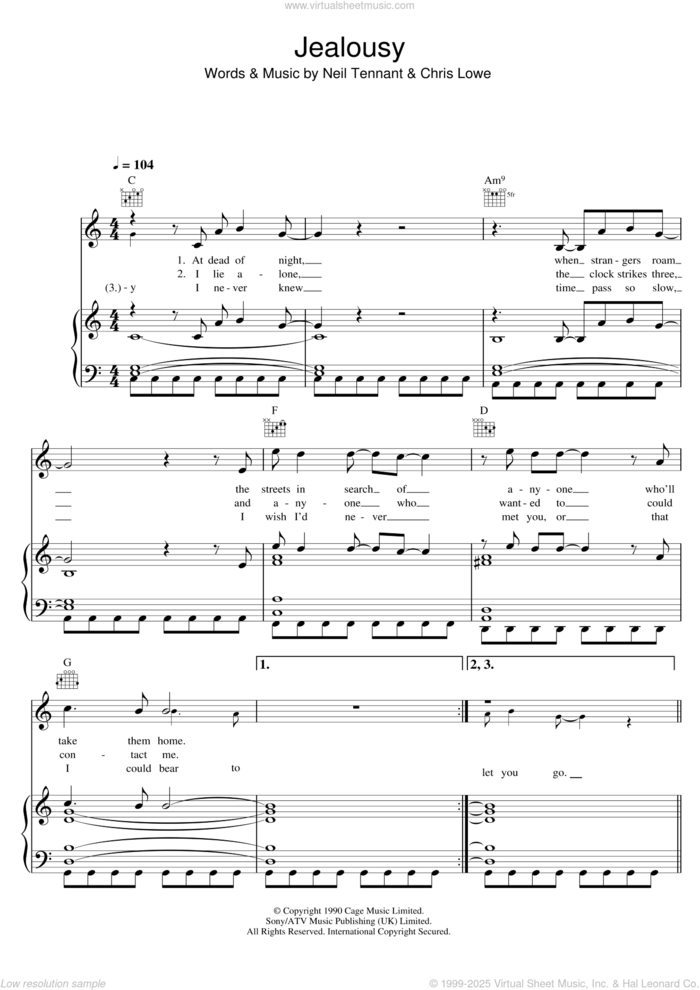 Jealousy sheet music for voice, piano or guitar by Pet Shop Boys, Chris Lowe and Neil Tennant, intermediate skill level