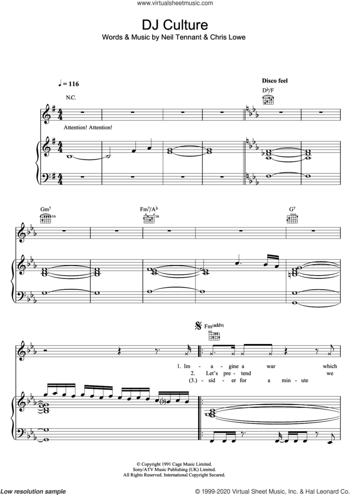 DJ Culture sheet music for voice, piano or guitar by Pet Shop Boys, Chris Lowe and Neil Tennant, intermediate skill level
