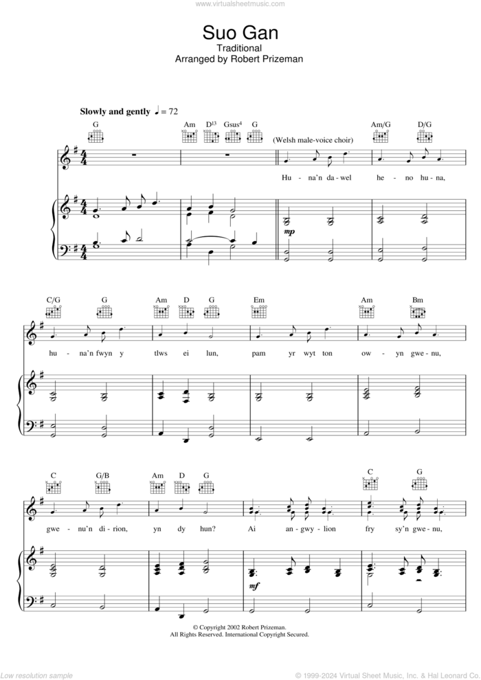 Suo Gan sheet music for voice, piano or guitar by Aled Jones and Miscellaneous, intermediate skill level