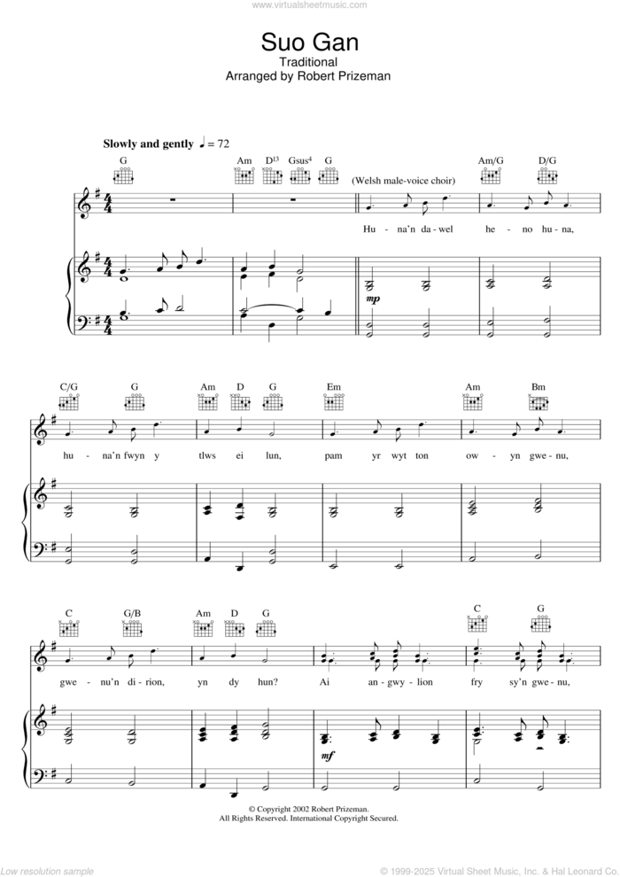 Suo Gan sheet music for voice, piano or guitar by Aled Jones and Miscellaneous, intermediate skill level