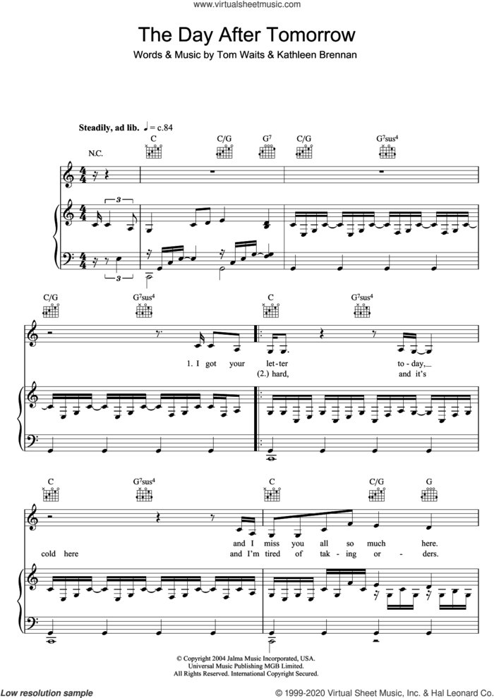 Day After Tomorrow sheet music for voice, piano or guitar by Tom Waits and Kathleen Brennan, intermediate skill level