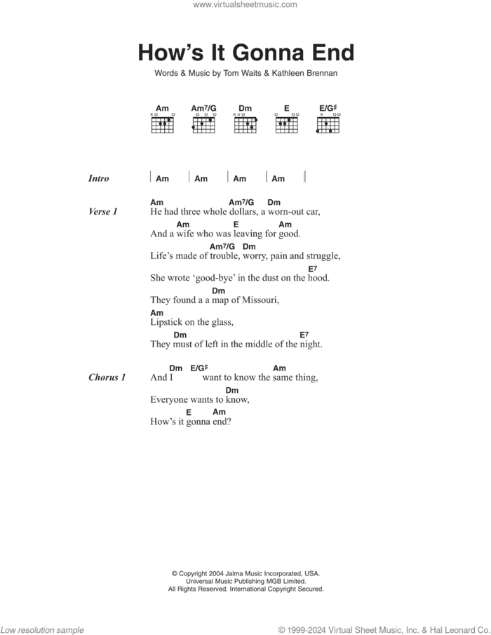 How's It Gonna End sheet music for guitar (chords) by Tom Waits and Kathleen Brennan, intermediate skill level