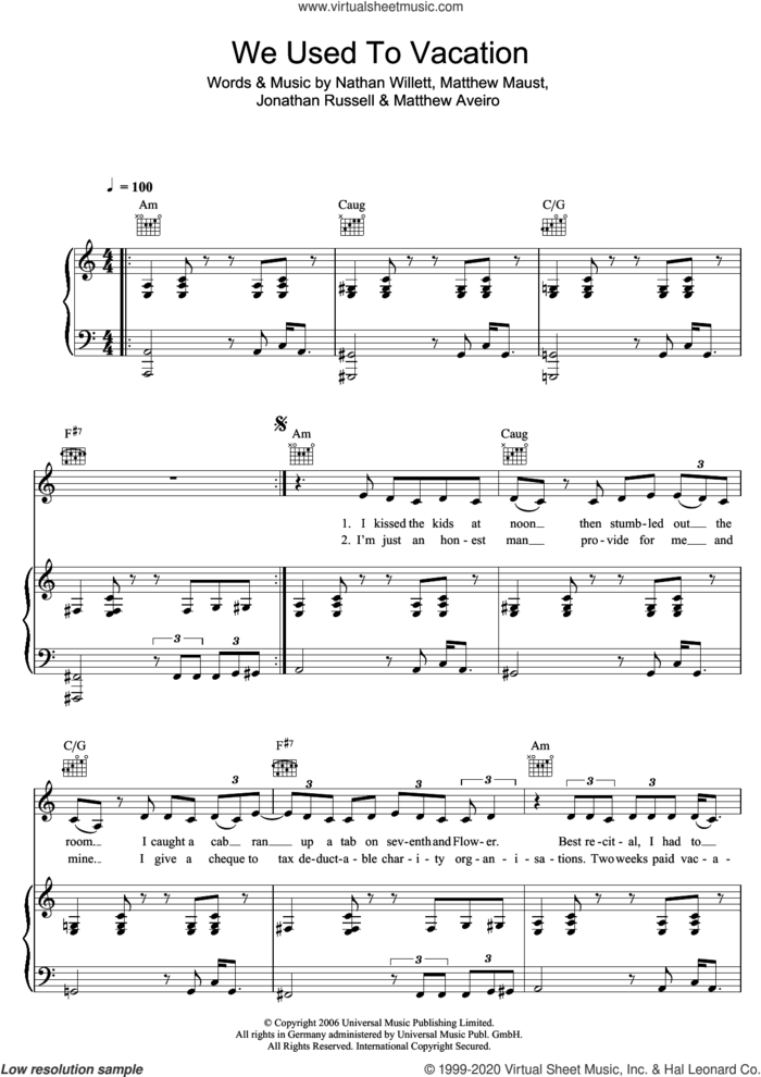 We Used To Vacation sheet music for voice, piano or guitar by Cold War Kids, Jonathan Russell, Matthew Aveiro, Matthew Maust and Nathan Willett, intermediate skill level