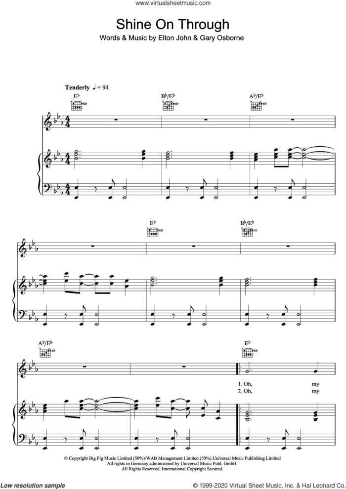 Shine On Through sheet music for voice, piano or guitar by Elton John and Gary Osborne, intermediate skill level