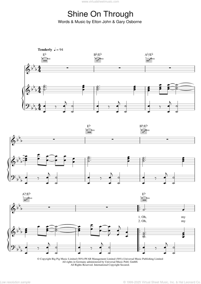 Shine On Through sheet music for voice, piano or guitar by Elton John and Gary Osborne, intermediate skill level
