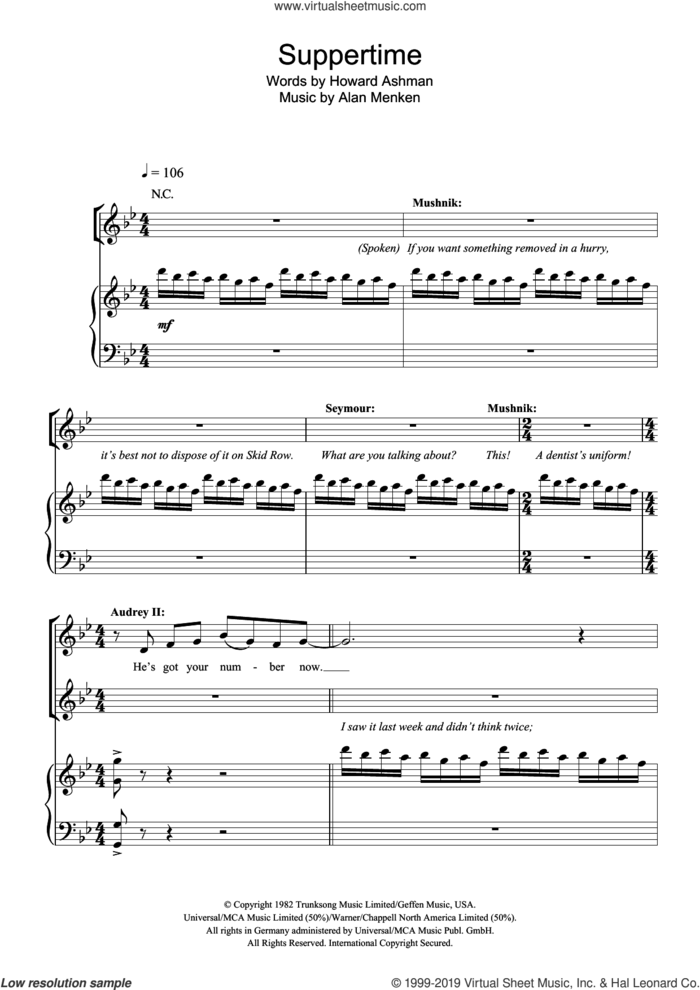 Suppertime (from Little Shop of Horrors) sheet music for voice, piano or guitar by Howard Ashman and Alan Menken, intermediate skill level