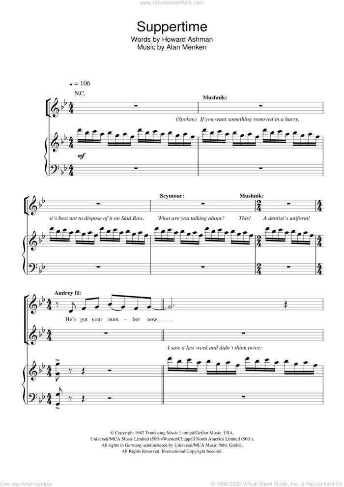 Suppertime (from Little Shop of Horrors) sheet music for voice, piano or guitar by Howard Ashman and Alan Menken, intermediate skill level