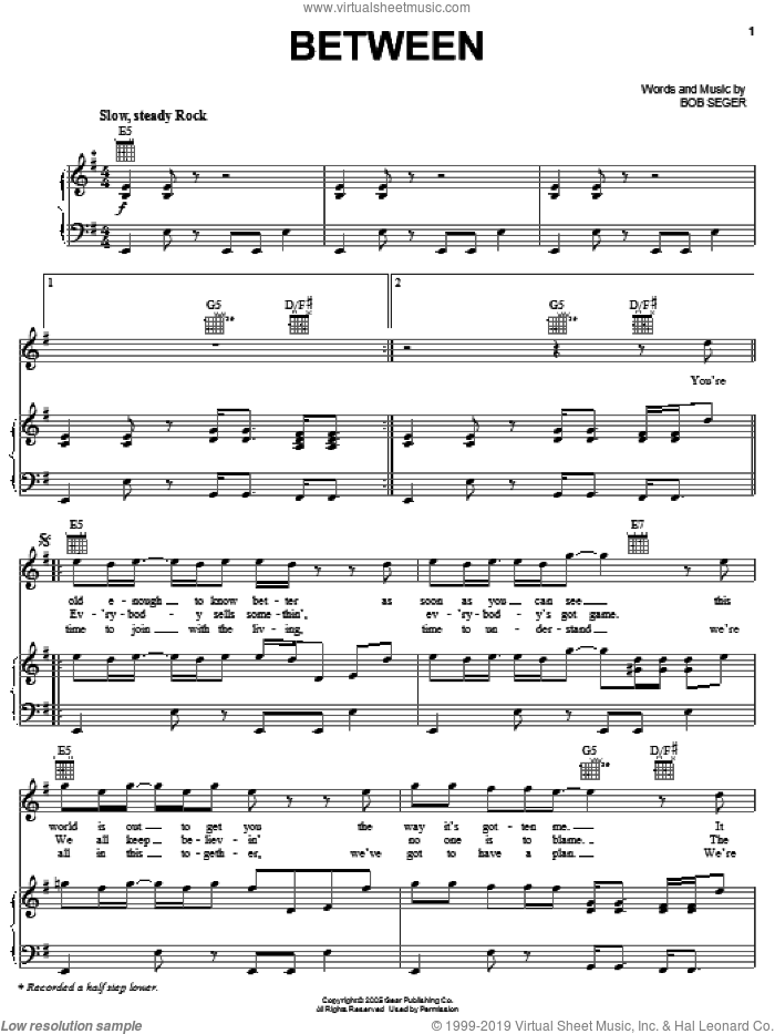 Between sheet music for voice, piano or guitar by Bob Seger, intermediate skill level