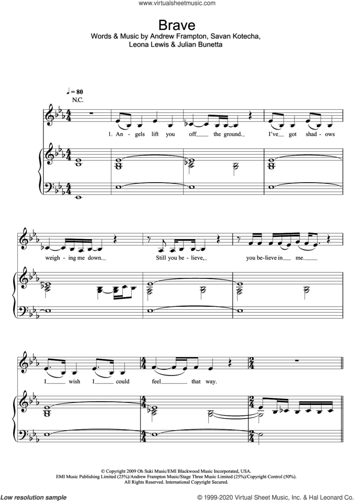 Brave sheet music for voice, piano or guitar by Leona Lewis, Andrew Frampton, Julian Bunetta and Savan Kotecha, intermediate skill level
