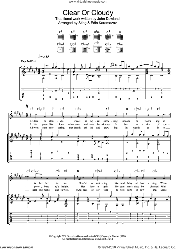Clear Or Cloudy (as performed by Sting and Edin Karamazov) sheet music for guitar (tablature) by John Dowland and Sting, intermediate skill level