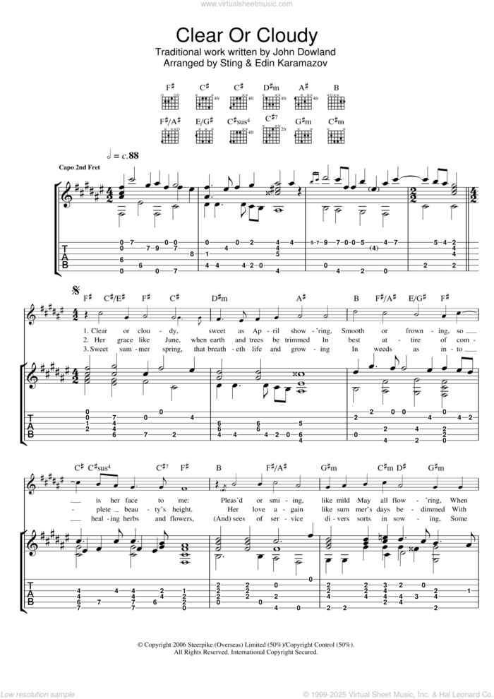 Clear Or Cloudy (as performed by Sting and Edin Karamazov) sheet music for guitar (tablature) by John Dowland and Sting, intermediate skill level