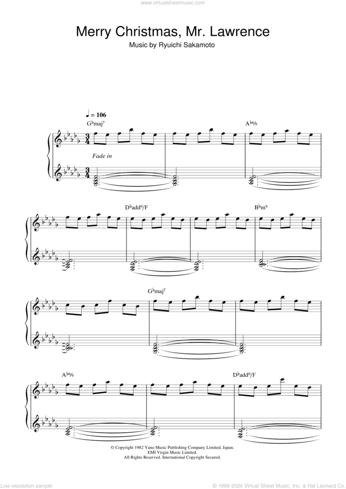 Merry Christmas, Mr. Lawrence sheet music for piano solo by Ryuichi Sakamoto, intermediate skill level