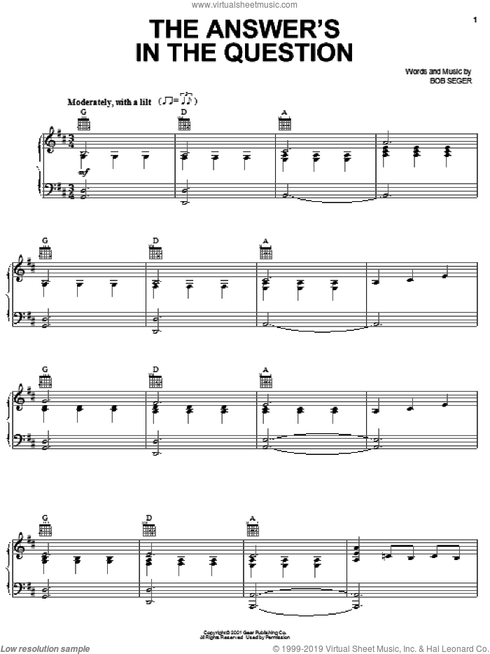 The Answer's In The Question sheet music for voice, piano or guitar by Bob Seger, intermediate skill level