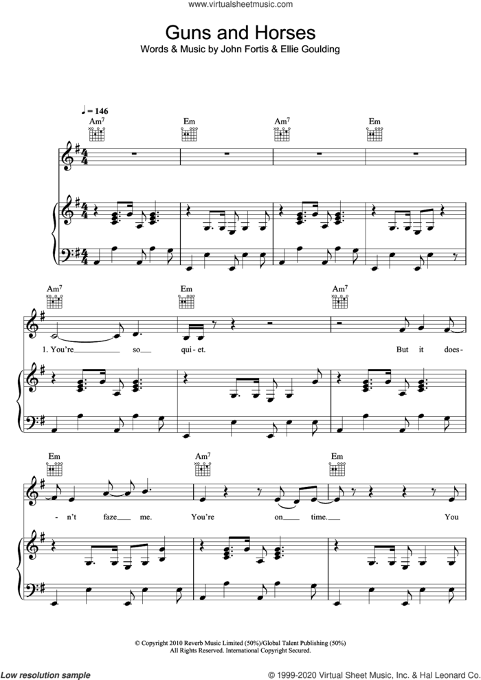Guns And Horses sheet music for voice, piano or guitar by Ellie Goulding and John Fortis, intermediate skill level