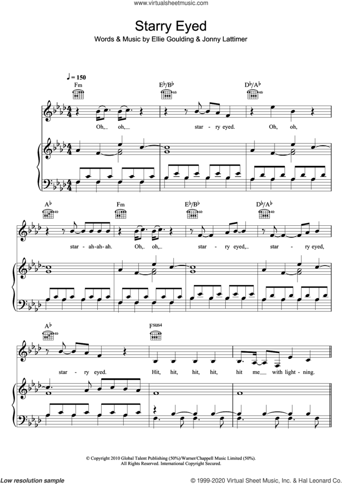Starry Eyed sheet music for voice, piano or guitar by Ellie Goulding and Jonny Lattimer, intermediate skill level